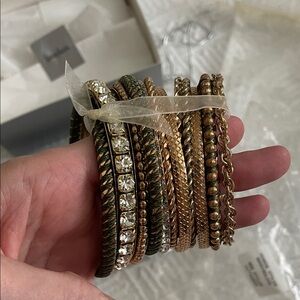 NWT Neiman Marcus 13 bangle bracelet set gold crystal olive green